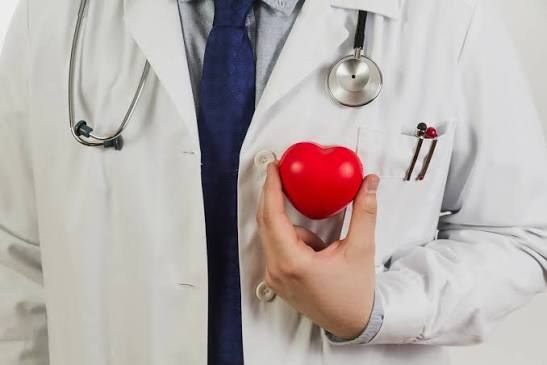 Médico de jaleco segurando um coração de borracha vermelho, representando a saúde cardiovascular